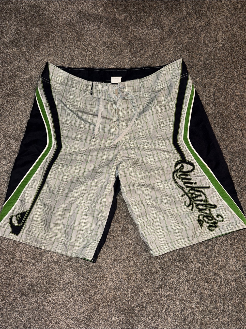 Quiksilver Men’s Light Green Plaid Board Shorts with Black & White Panels